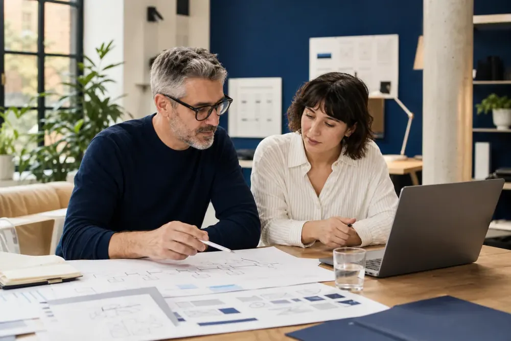 A local business owner and website strategist reviewing a sitemap and project plan