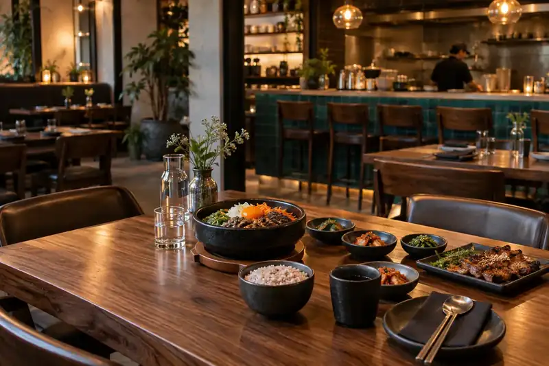 Korean dining room with walnut tables charcoal bowls and teal tile