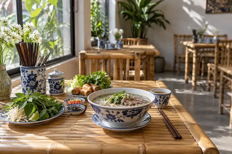 Bright Vietnamese dining room with bamboo tables and blue ceramic bowls