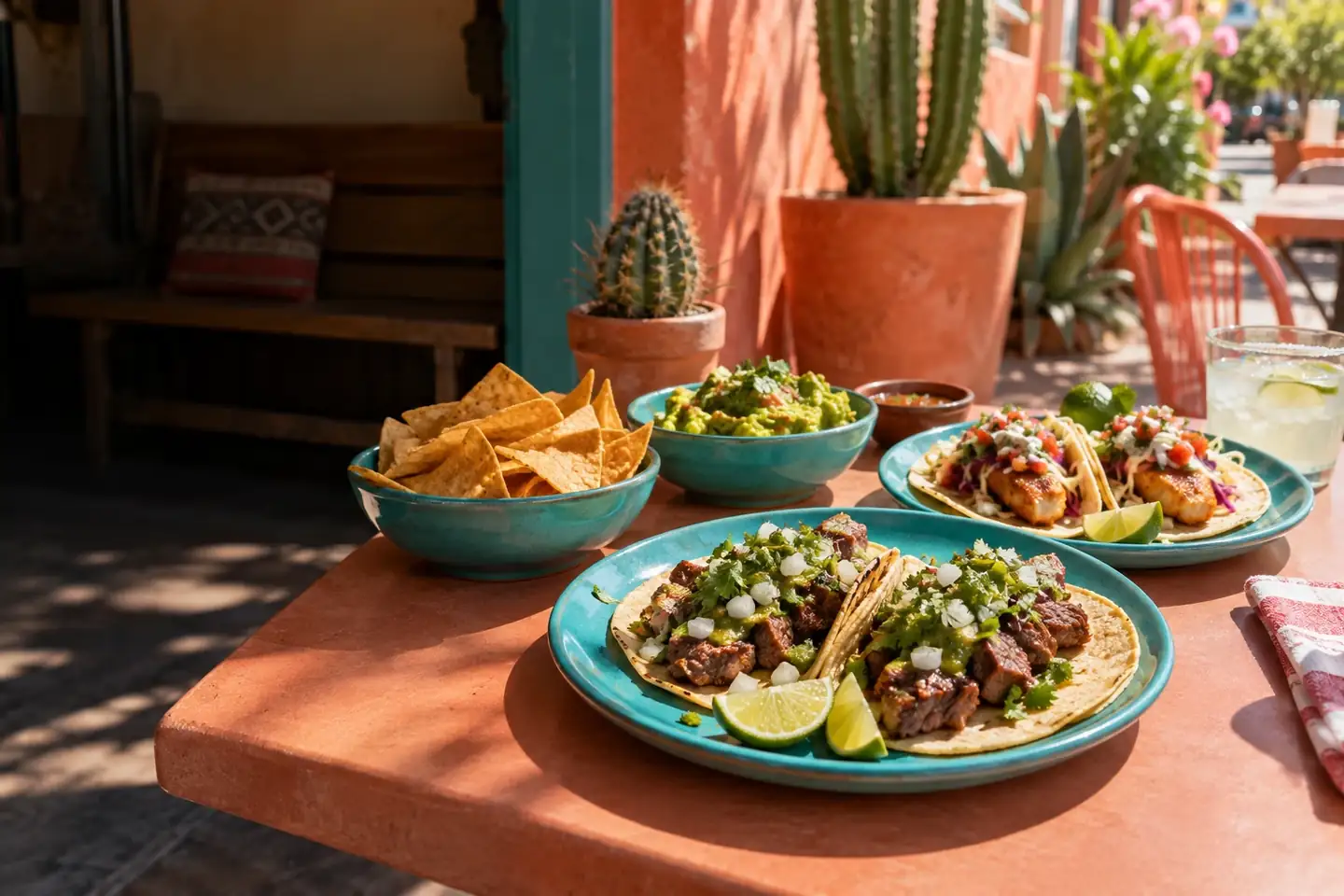 Steak and fish taco pairs with guacamole on turquoise taqueria plates
