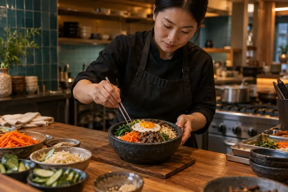 Cook arranging vegetables beef and egg in a Korean rice bowl