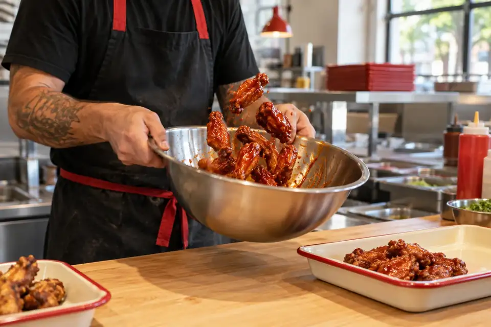 Cook tossing chicken wings with glossy sauce in a steel bowl